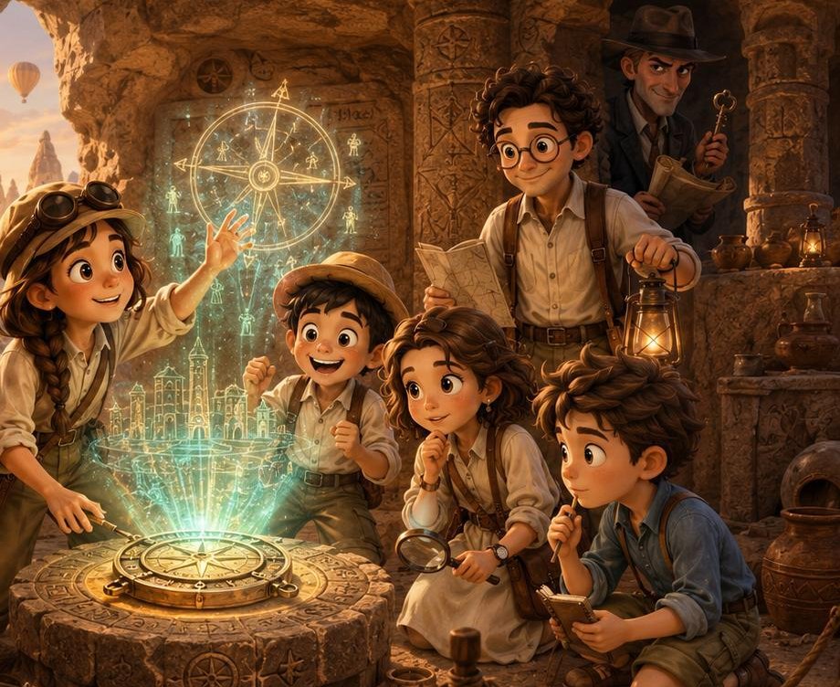 Little Archeologists gathered around a glowing ancient compass