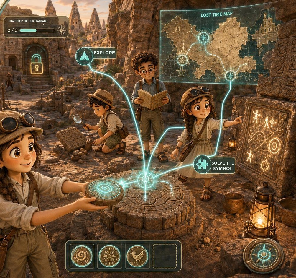 The Lost Time Map gameplay: young explorers solving symbols in an ancient site