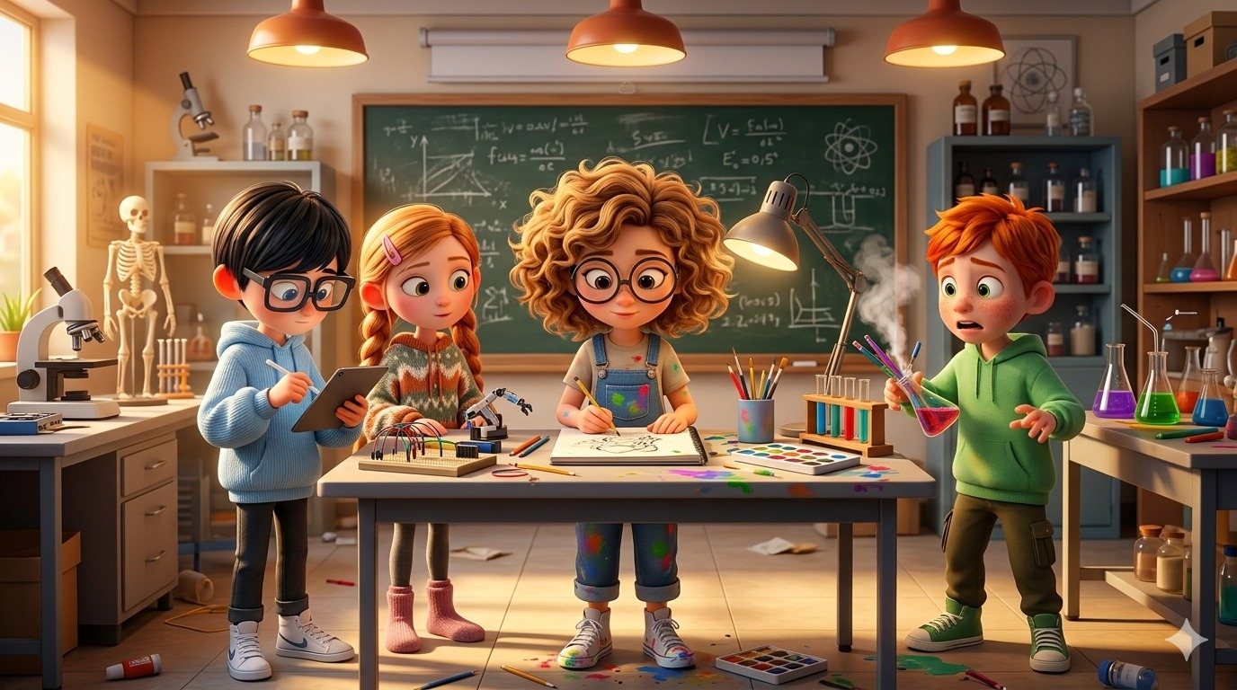 Kids building and inventing together in a classroom